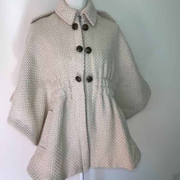 Green With Envy Cape Womens Medium M Wool Blend Poncho Ivory Snap Side Pockets - Picture 8 of 12